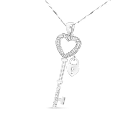 .925 Sterling Silver 1/4 Cttw Diamond Lock &amp; Key heart 18&quot; Pendant Necklace (I-J Color, I3 Clarity)