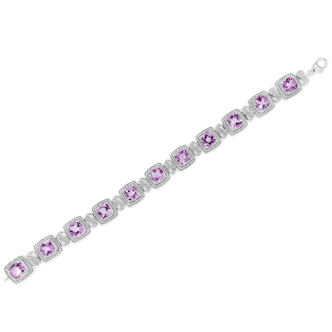 .925 Sterling Silver 7x7 mm Cushion Cut Purple Amethyst and 1/10 cttw Round Cut Diamond Square Shape Tennis Bracelet (I-J Color, I1-I2 Clarity) - 7&quot;