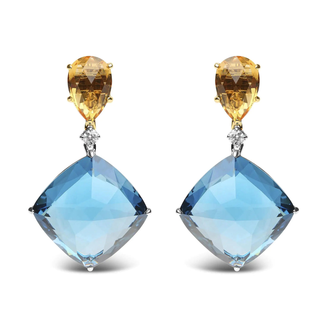 18K White and Yellow Gold 1/6 Cttw Diamond with Pear Cut Yellow Citrine and 20mm Cushion Cut Blue Topaz Gemstone Dangle Earrings (G-H Color, SI1-SI2 Clarity)