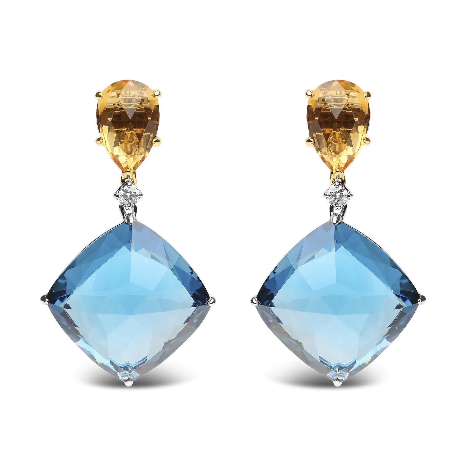 18K White and Yellow Gold 1/6 Cttw Diamond with Pear Cut Yellow Citrine and 20mm Cushion Cut Blue Topaz Gemstone Dangle Earrings (G-H Color, SI1-SI2 Clarity)