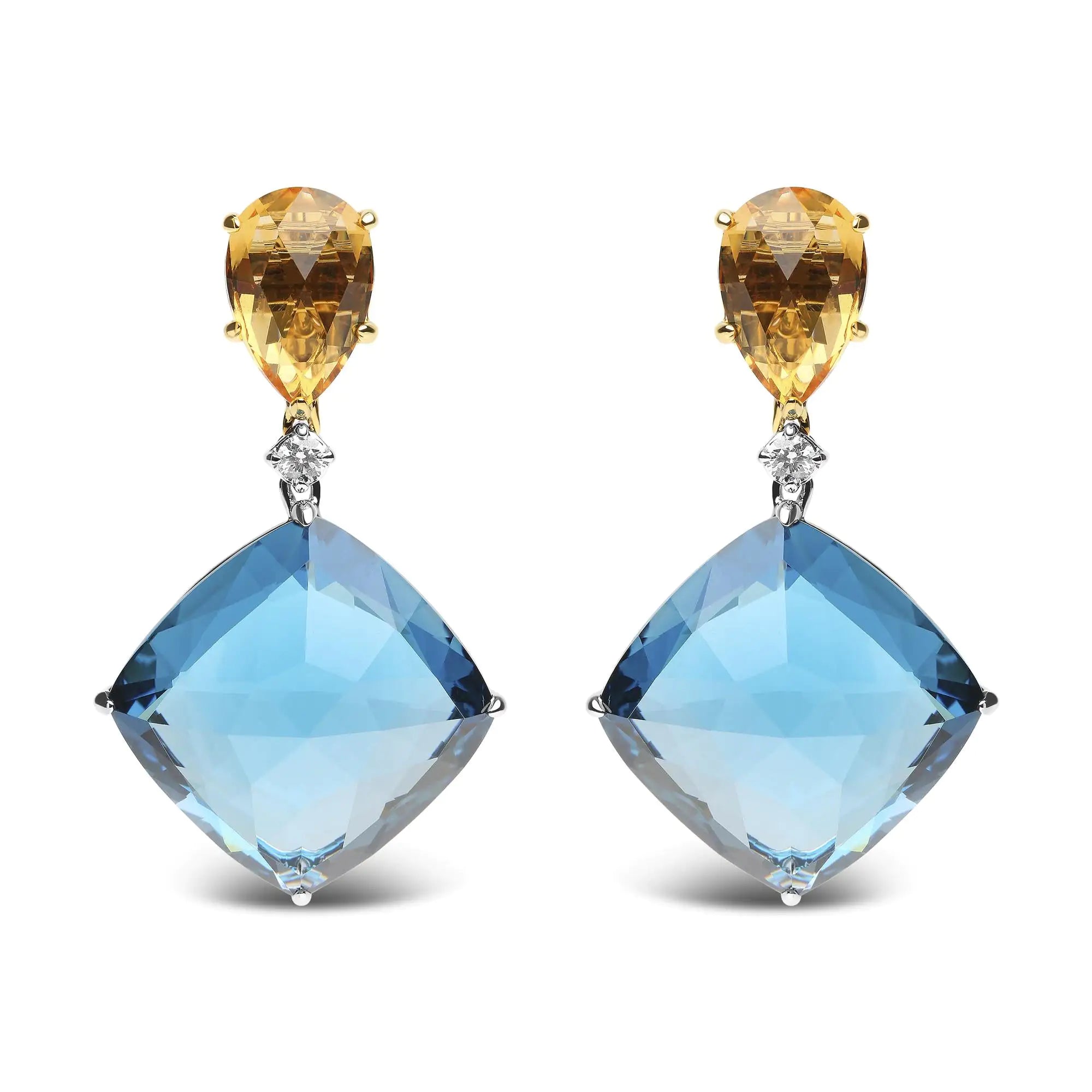 18K White and Yellow Gold 1/6 Cttw Diamond with Pear Cut Yellow Citrine and 20mm Cushion Cut Blue Topaz Gemstone Dangle Earrings (G-H Color, SI1-SI2 Clarity)