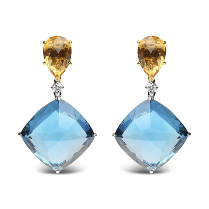 18K White and Yellow Gold 1/6 Cttw Diamond with Pear Cut Yellow Citrine and 20mm Cushion Cut Blue Topaz Gemstone Dangle Earrings (G-H Color, SI1-SI2 Clarity)