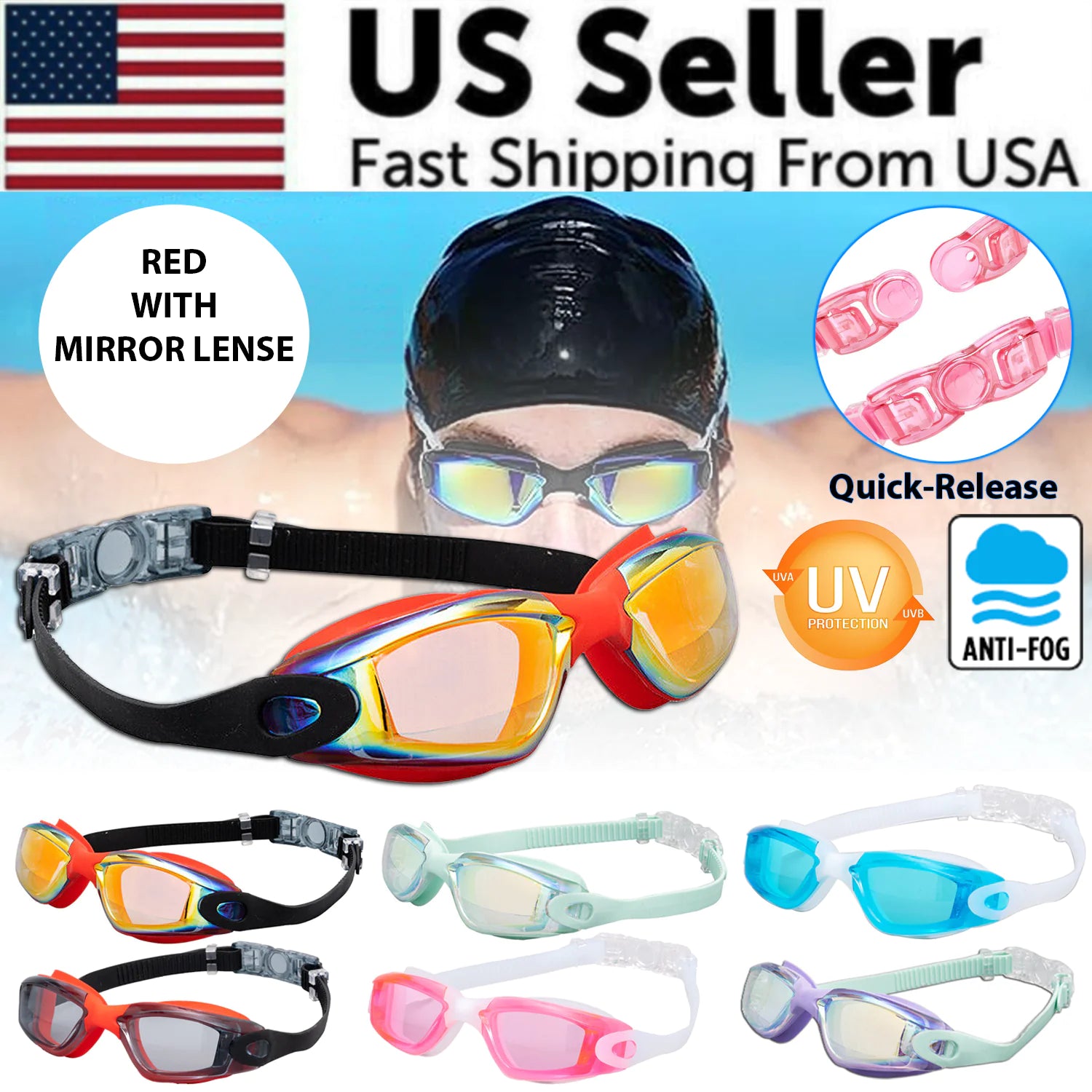 Clear Comfortable Swimming Goggles UV- Anti-Fog Swim Glasses Mirror Adult &amp; Kids