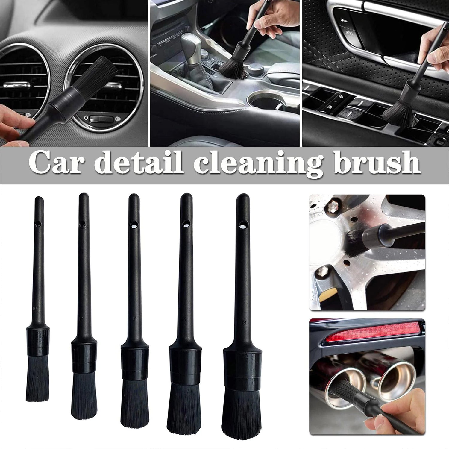 5PC Car Detailing Brush Kit Boar Hair Vehicle Auto Interior For Wheel Clean Sets