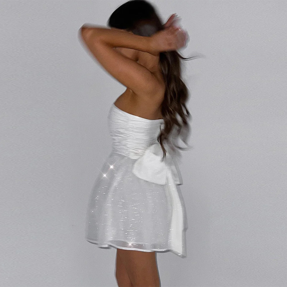 Shimmering Off Shoulder Short Lace Dress with Back Bow