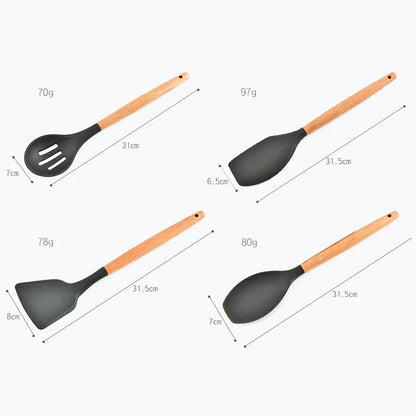 12-Piece Silicone Kitchen Utensil Set with Wooden Handles