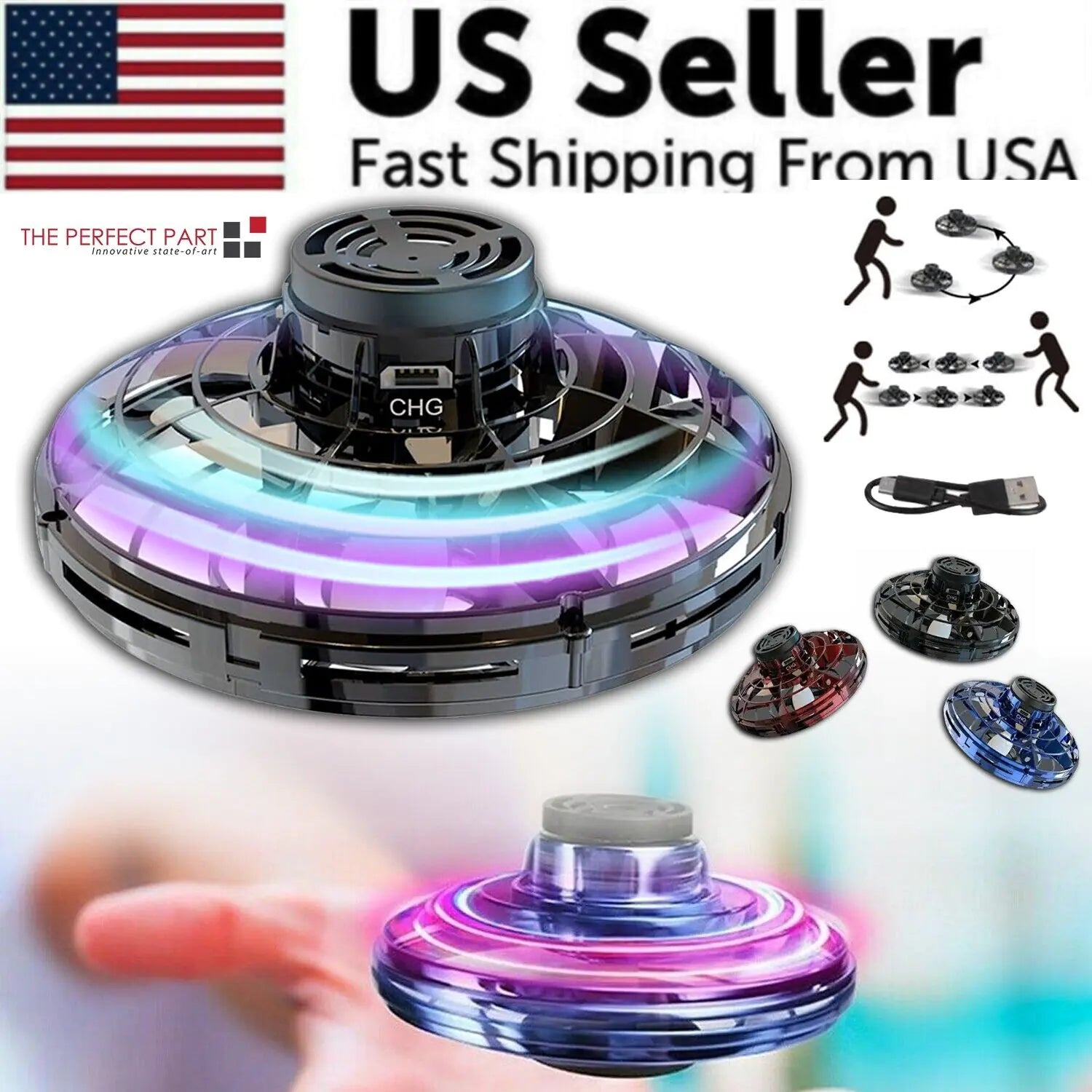 Flying Fidget Spinner Drone Ball UFO Stress Focus Hand Fun Toy LED Kids &amp; Adults