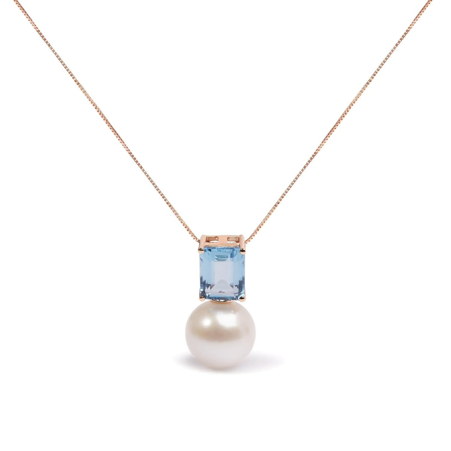 14K Rose Gold 11MM Cultured Freshwater Pearl and 9x7mm Octagon Swiss Blue Topaz Pendant Necklace - 18&quot; Inches