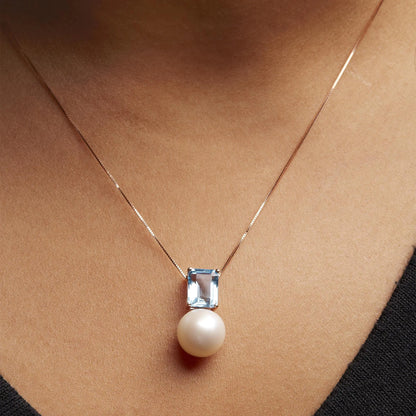 14K Rose Gold 11MM Cultured Freshwater Pearl and 9x7mm Octagon Swiss Blue Topaz Pendant Necklace - 18&quot; Inches