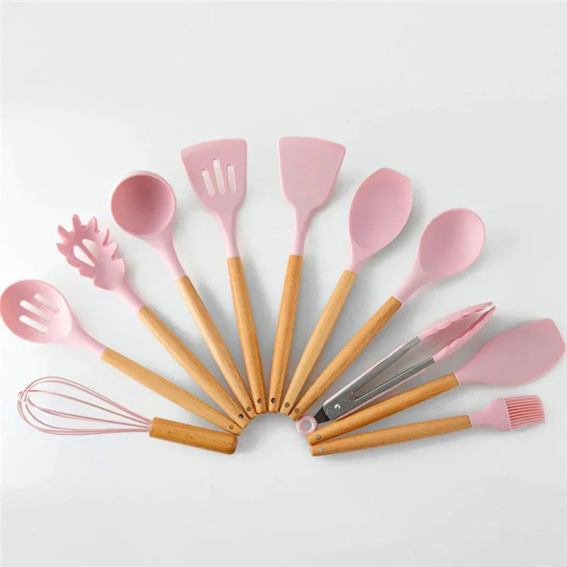 12-Piece Silicone Kitchen Utensil Set with Wooden Handles