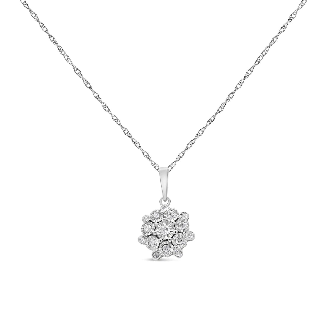 .925 Sterling Silver 1/4 Cttw Miracle Set Diamond Floral Cluster 18&quot; Pendant Necklace for Women (I-J Color, I1-I2 Clarity)