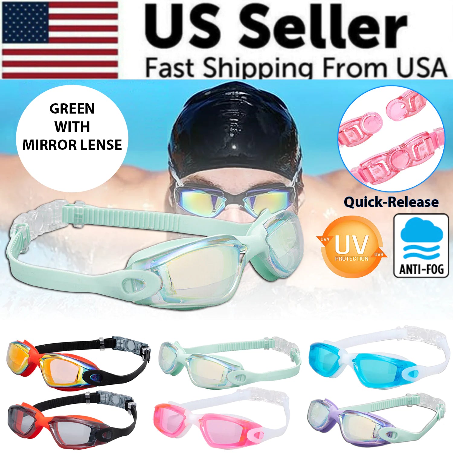 Clear Comfortable Swimming Goggles UV- Anti-Fog Swim Glasses Mirror Adult &amp; Kids