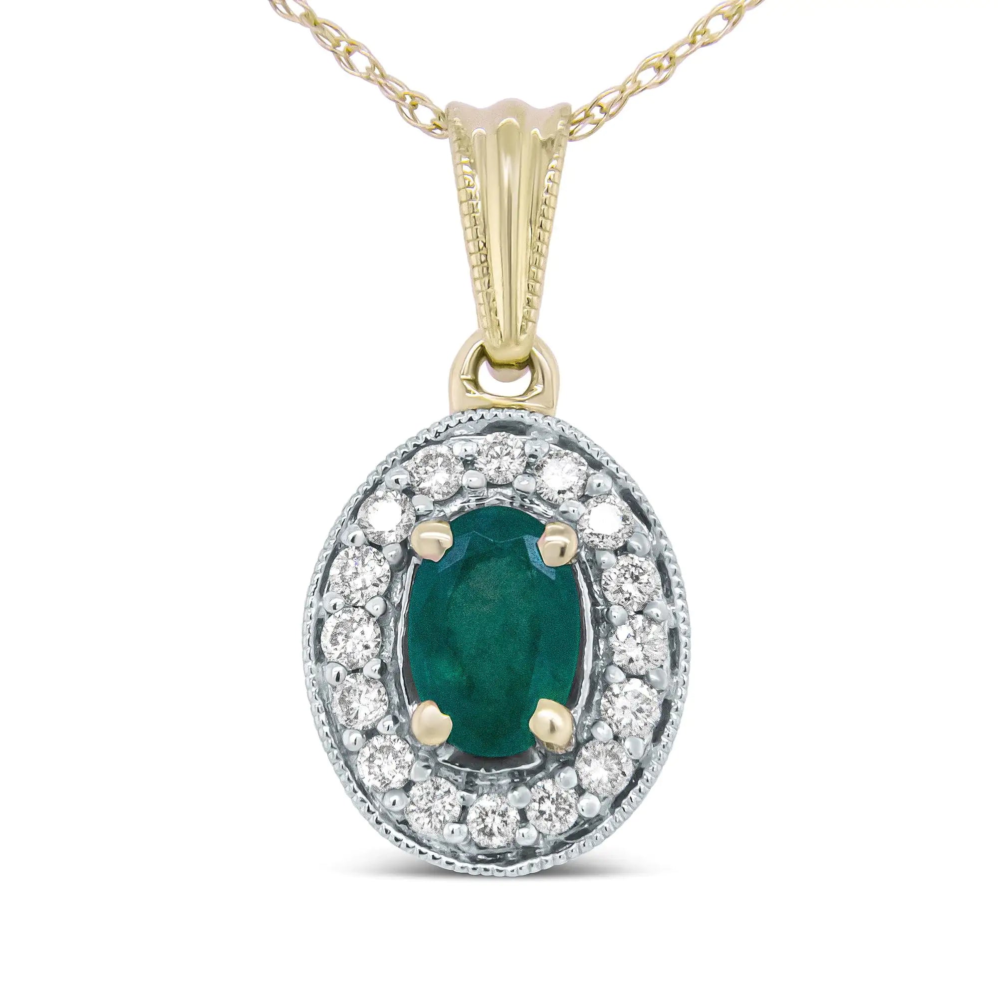 14K Yellow Gold 6x4mm Emerald and 1/5 Cttw Round Diamond Halo Pendant 18&quot; Necklace - (H-I Color, SI1-SI2 Clarity)