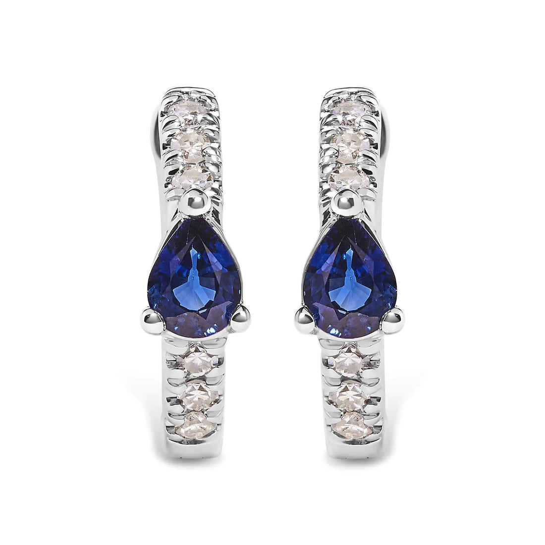 10K White Gold Pear Shaped Blue Sapphire and 1/10 Cttw Diamond Huggy Hoop Earrings (H-I Color, I1-I2 Clarity)