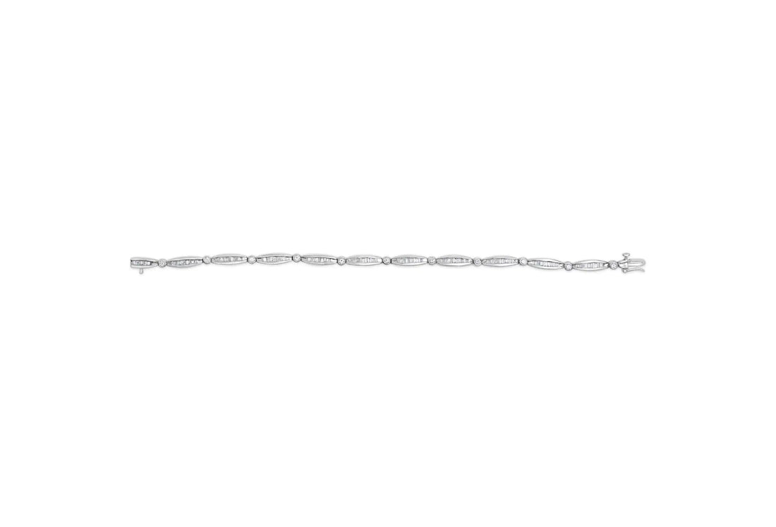 14K White Gold 1-1/2 Cttw Round Brilliant-Cut &amp; Baguette Cut Diamond Bezel and Tapered Link 7&quot; Tennis Bracelet (H-I Color, I1-I2 Clarity)