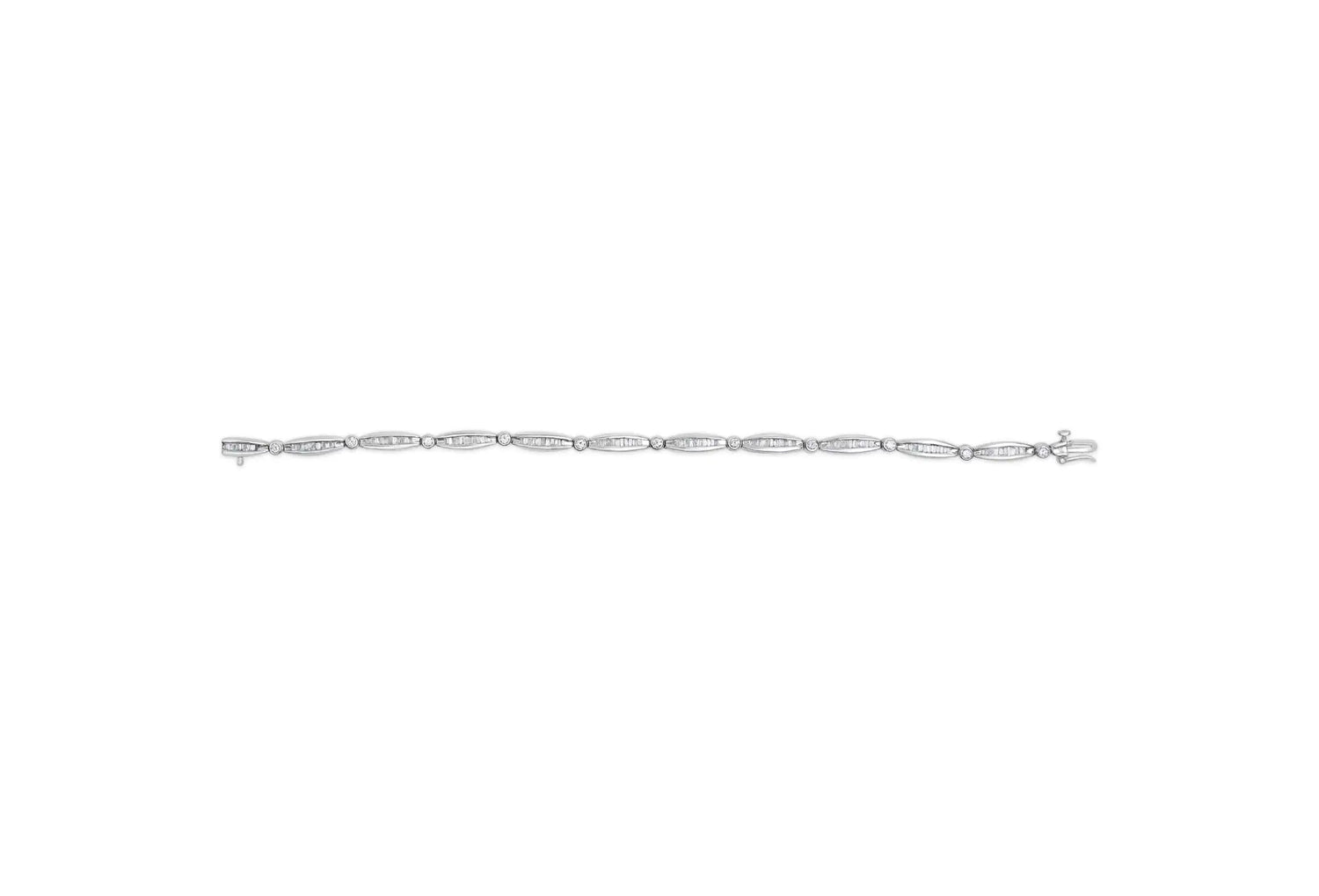 14K White Gold 1-1/2 Cttw Round Brilliant-Cut &amp; Baguette Cut Diamond Bezel and Tapered Link 7&quot; Tennis Bracelet (H-I Color, I1-I2 Clarity)