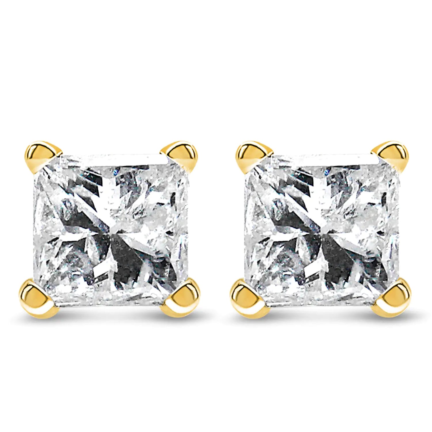 AGS Certified 14K Gold 4-Prong Set Princess-Cut Solitaire Diamond Push Back Stud Earrings (J-K Color, I1-I2 Clarity)