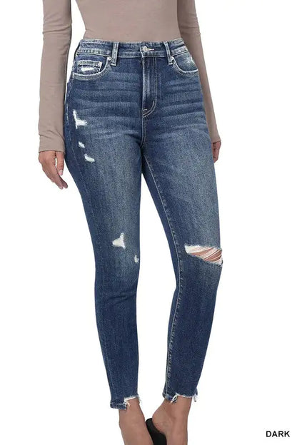 ZENANA DISTRESSED HEM ANKLE SKINNY JEANS