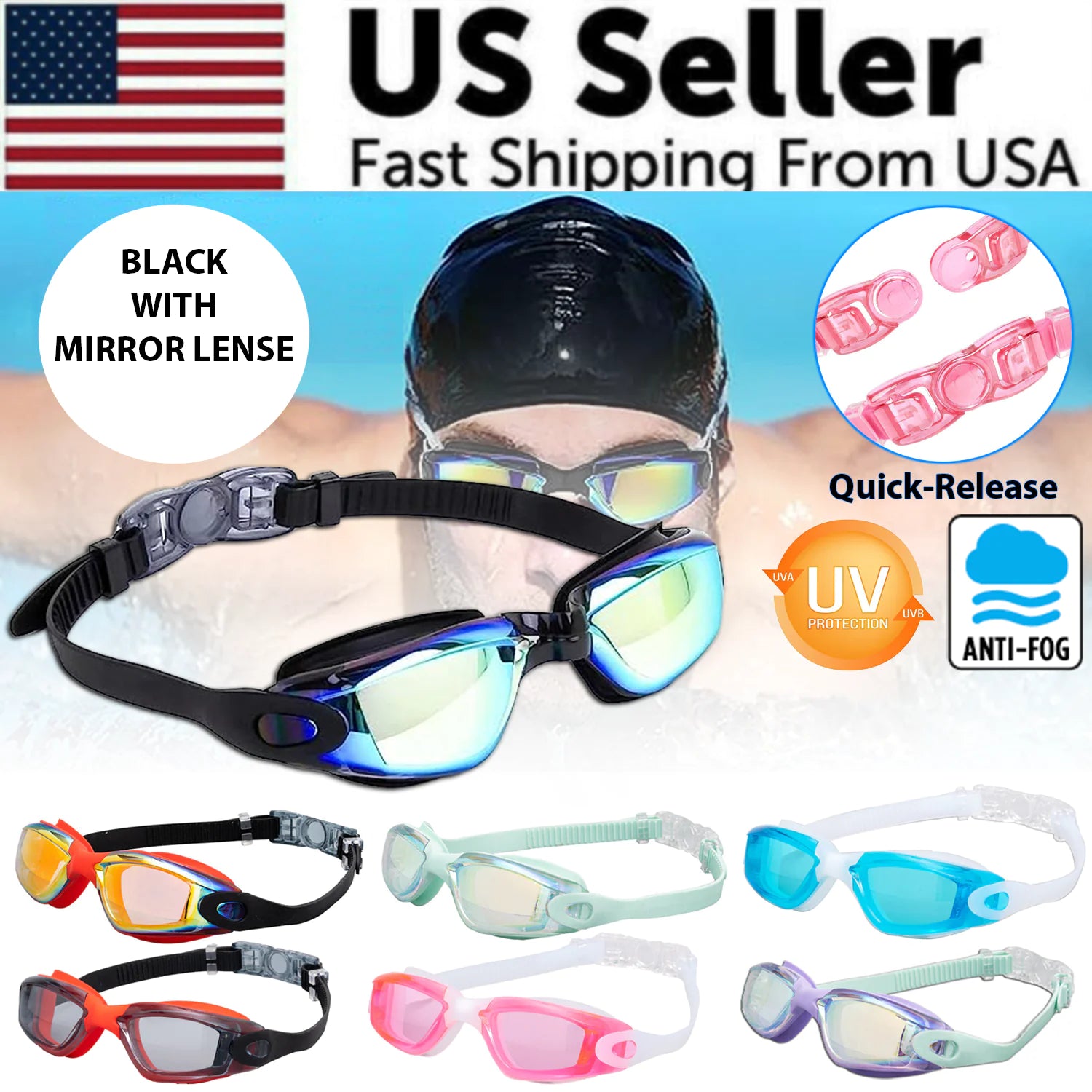 Clear Comfortable Swimming Goggles UV- Anti-Fog Swim Glasses Mirror Adult &amp; Kids