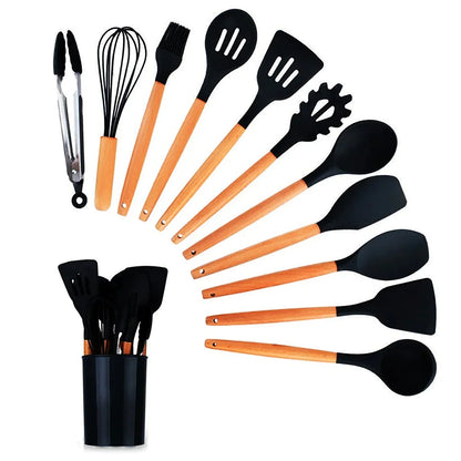 12-Piece Silicone Kitchen Utensil Set with Wooden Handles