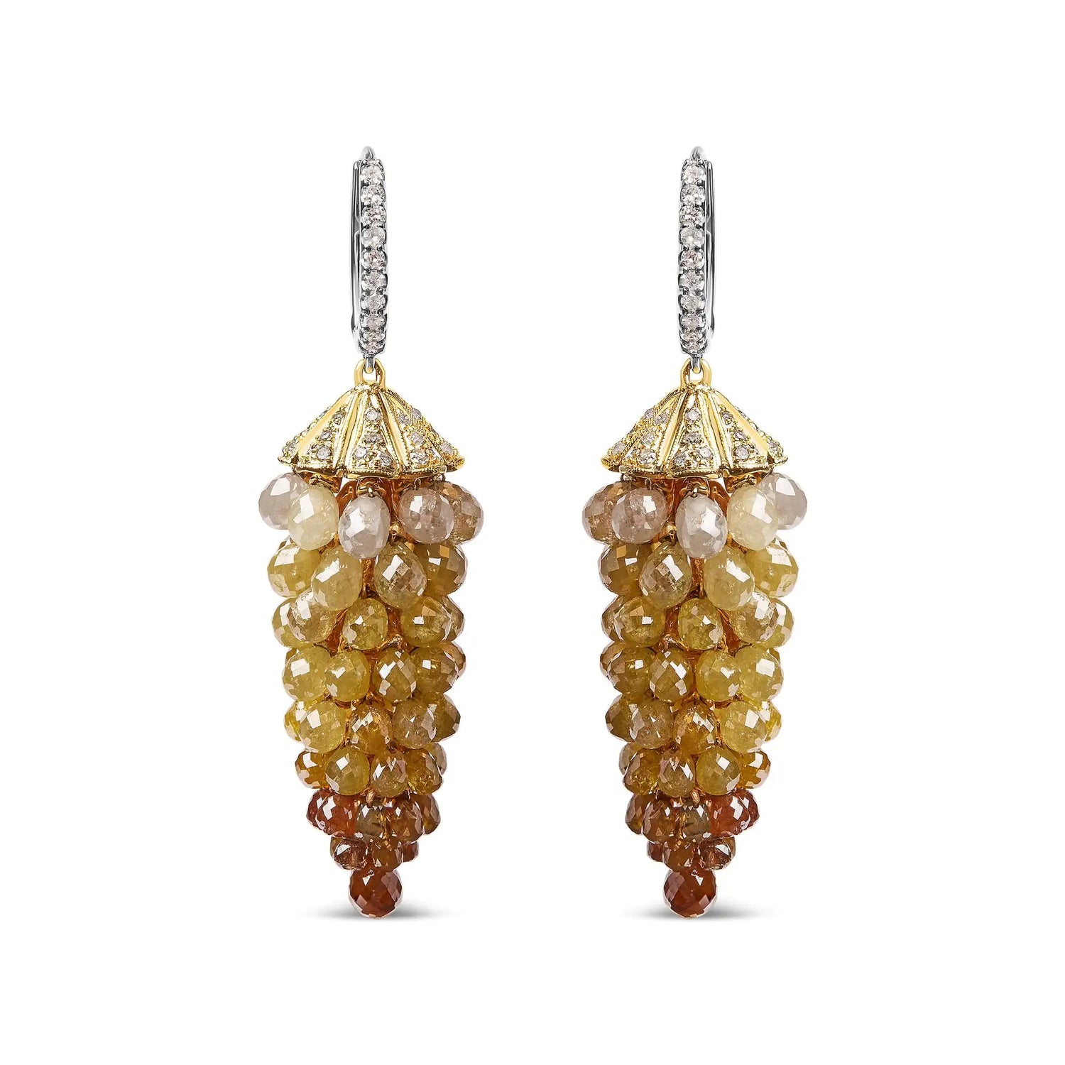 14K White and Yellow Gold 38.0 Cttw Mixed Fancy Color Rose Cut Diamond Honeycomb Drop and Dangle Earring (H-I Color, I3 Clarity)