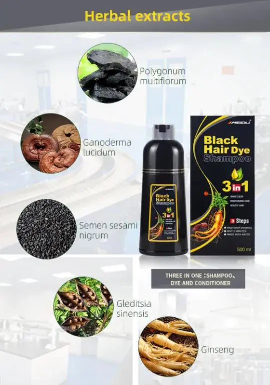 500ml Gray Hair Dye Darkening Shampoo 3in1 Instant Gray To Black Fast Natural Herbal Multiflorum