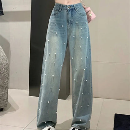 Pearl Straight Jeans High Waist Slim-fit Wide-leg Pants Women