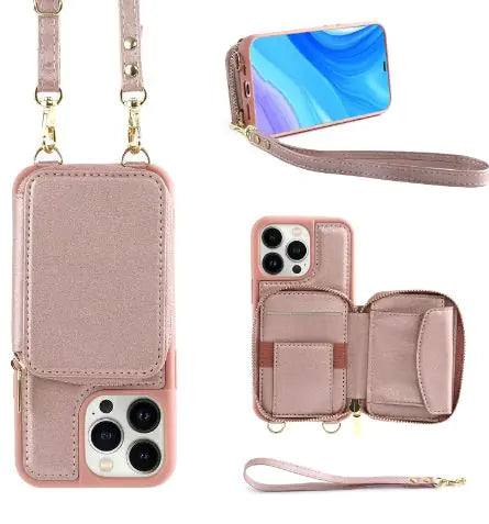 Crossbody Leather Case with Zipper &amp; Card Holder for Iphone