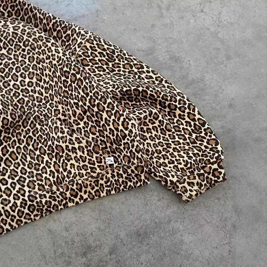 Vintage Leopard Print Hoodie Zipper with Pants