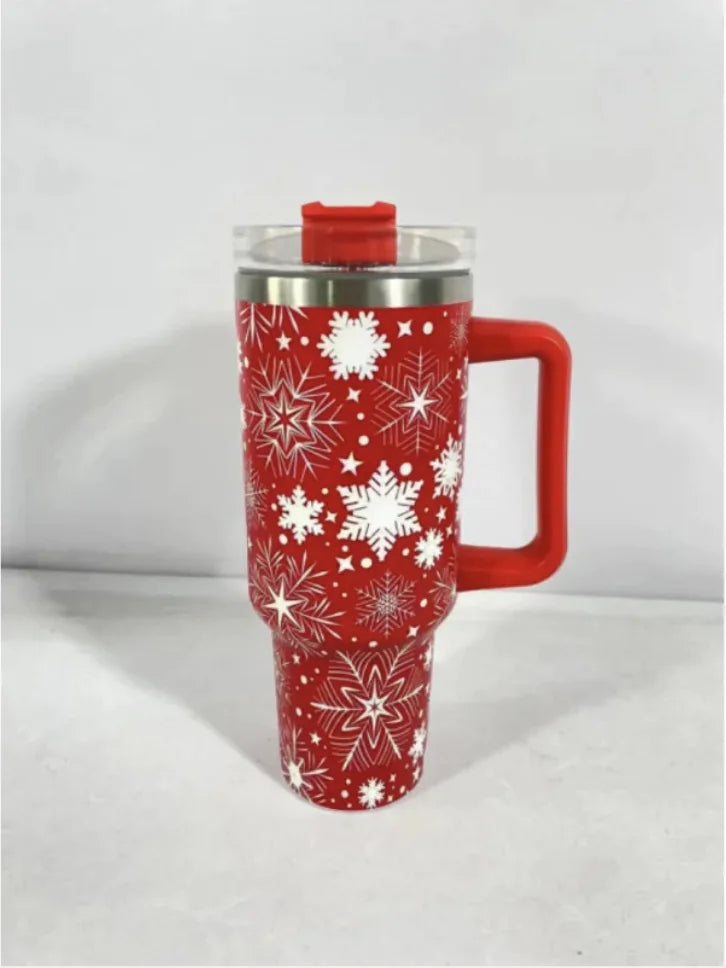 Christmas Stainless Steel Travel Mug with Handle, Lid, and Straw