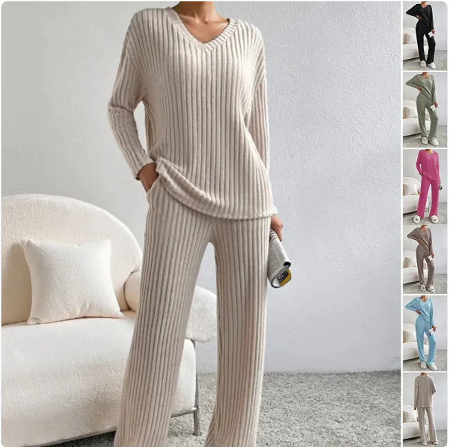 V-Neck Striped Suit &amp; Straight-Leg Pants Set