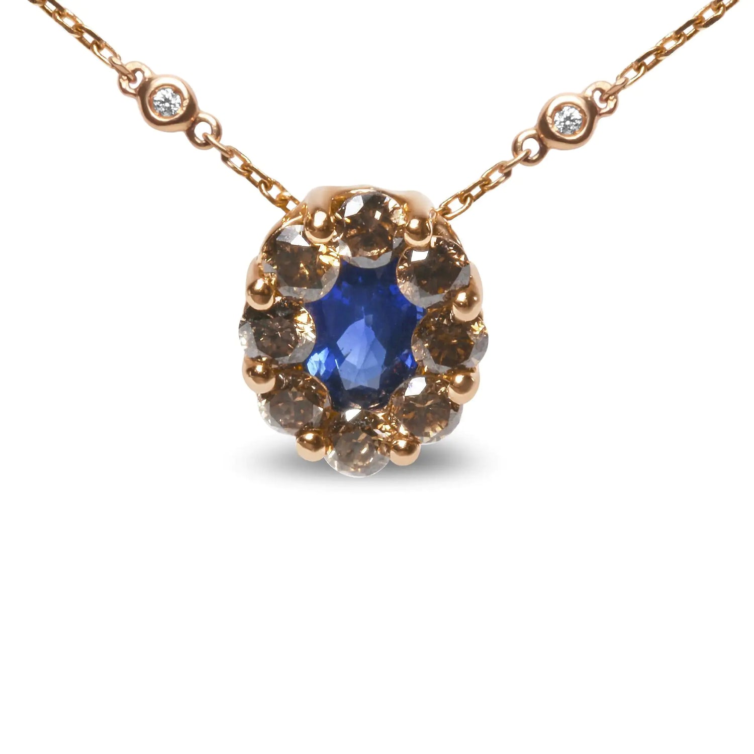 18K Rose Gold 5/8 Cttw White and Brown Diamond Accent and 7 x 4mm Oval Blue Sapphire Gemstone Statement Halo Cluster Pendant Necklace (Brown and G-H Color, SI1-SI2 Clarity) - Adjustable up to 16&quot; - 18&quot;