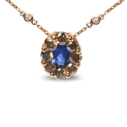 18K Rose Gold 5/8 Cttw White and Brown Diamond Accent and 7 x 4mm Oval Blue Sapphire Gemstone Statement Halo Cluster Pendant Necklace (Brown and G-H Color, SI1-SI2 Clarity) - Adjustable up to 16&quot; - 18&quot;