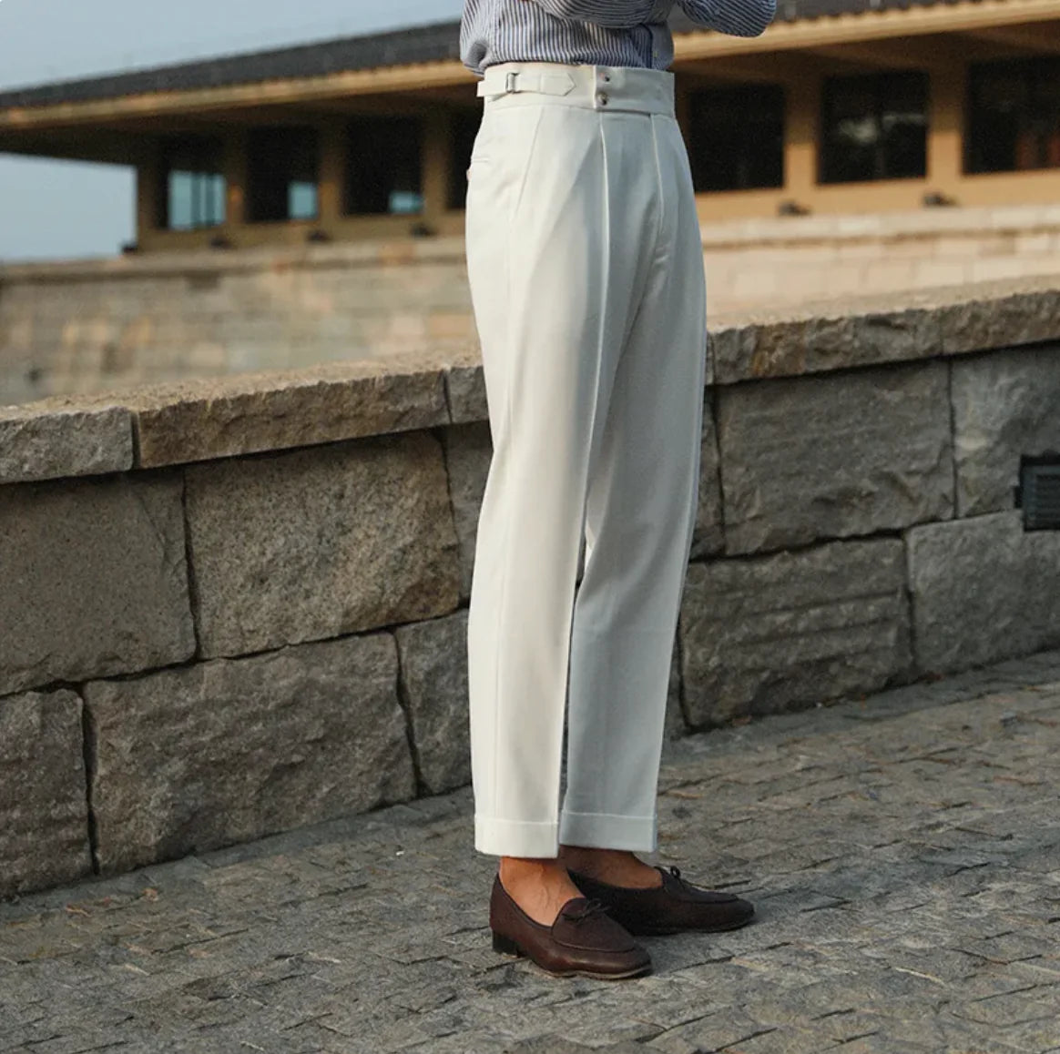 White High-Waist Retro Straight Trousers - Italian Business Style