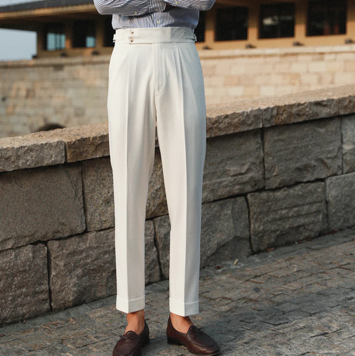 White High-Waist Retro Straight Trousers - Italian Business Style