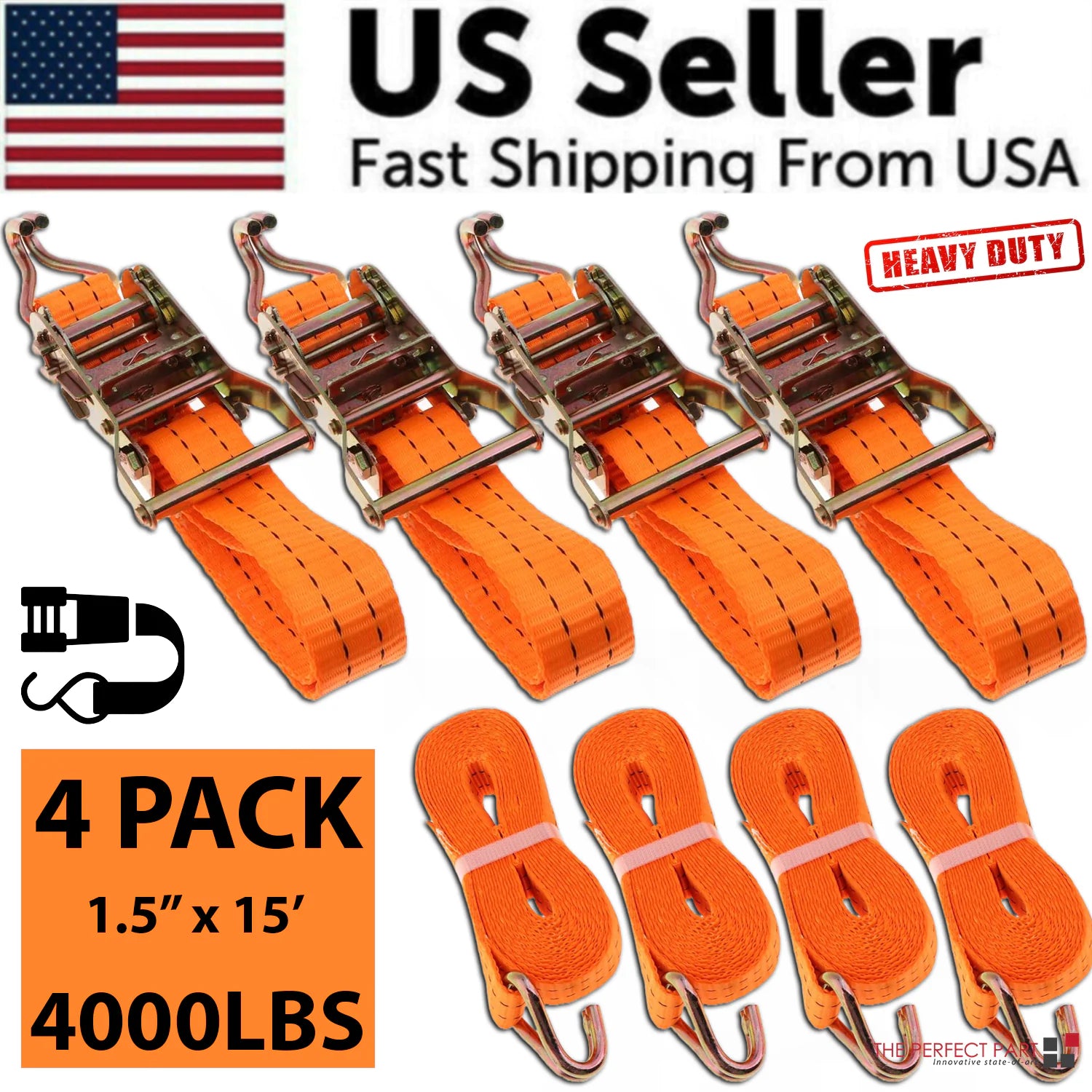 4 PK Ratchet Tie Down Straps 1.5&quot; x 15 Feet 4,000 LB Safety J Hook Heavy Duty US