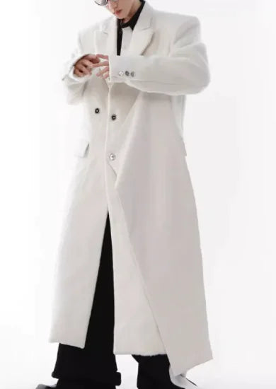 White Padded Shoulder Woolen Trench Coat