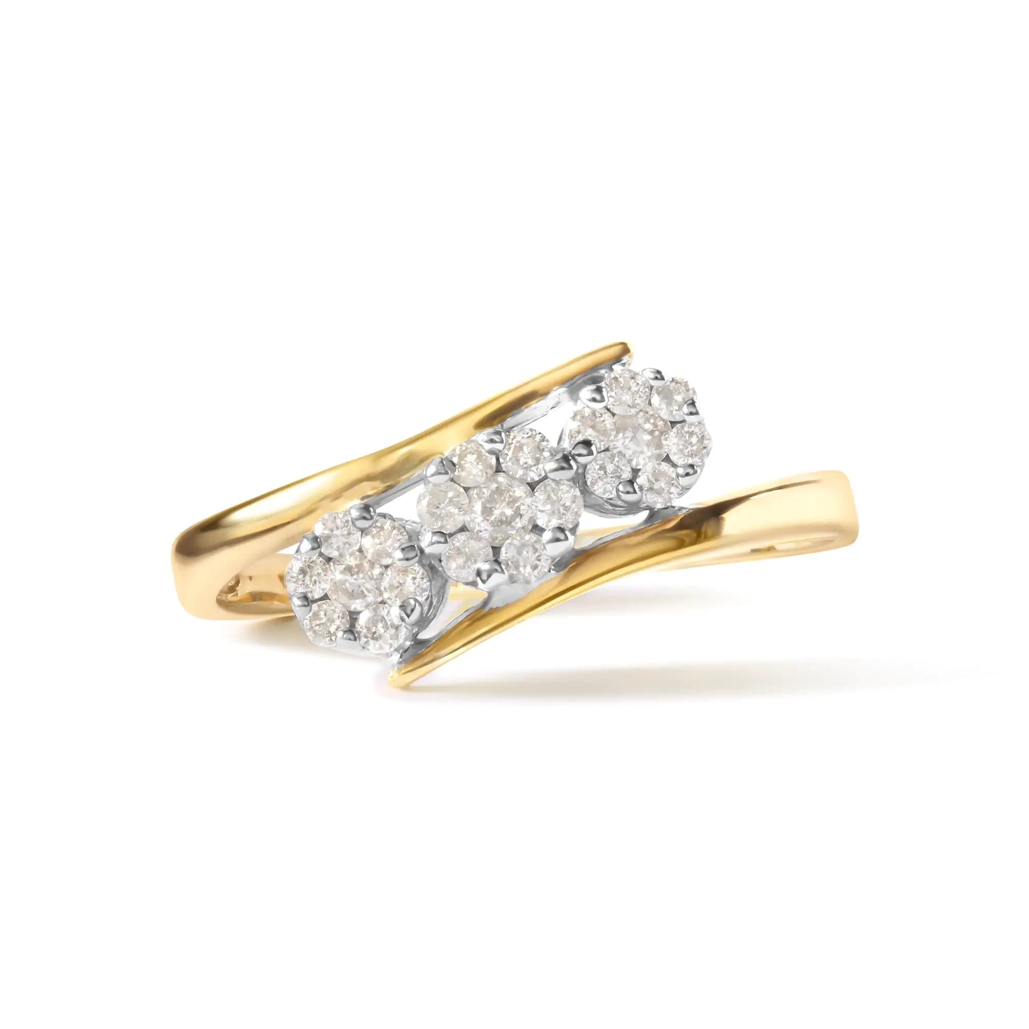 10K Yellow Gold 1/4 Cttw Diamond Cluster 3 Stone Style Bypass Ring (I-J Color, I1-I2 Clarity)