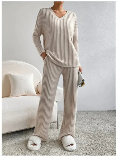 V-Neck Striped Suit &amp; Straight-Leg Pants Set