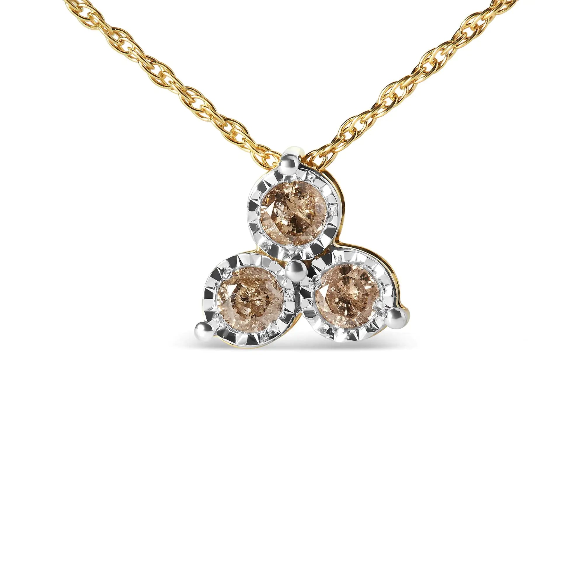 14K Yellow Gold Plated .925 Sterling Silver 1/4 Cttw Diamond 3 Stone Trio 18&quot; Pendant Necklace (J-K Color, I1-I2 Clarity)