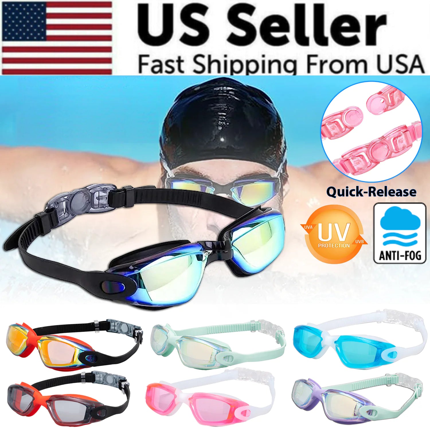 Clear Comfortable Swimming Goggles UV- Anti-Fog Swim Glasses Mirror Adult &amp; Kids