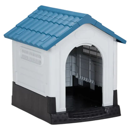 26-Inch Blue &amp; White PVC Pet Cottage with Shutter Design