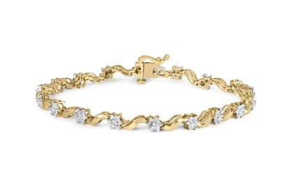 10k Yellow Gold 1.00 Cttw Round-Cut Diamond Floral S-Link 7.50&quot; Bracelet (I-J Color, I2-I3 Clarity)