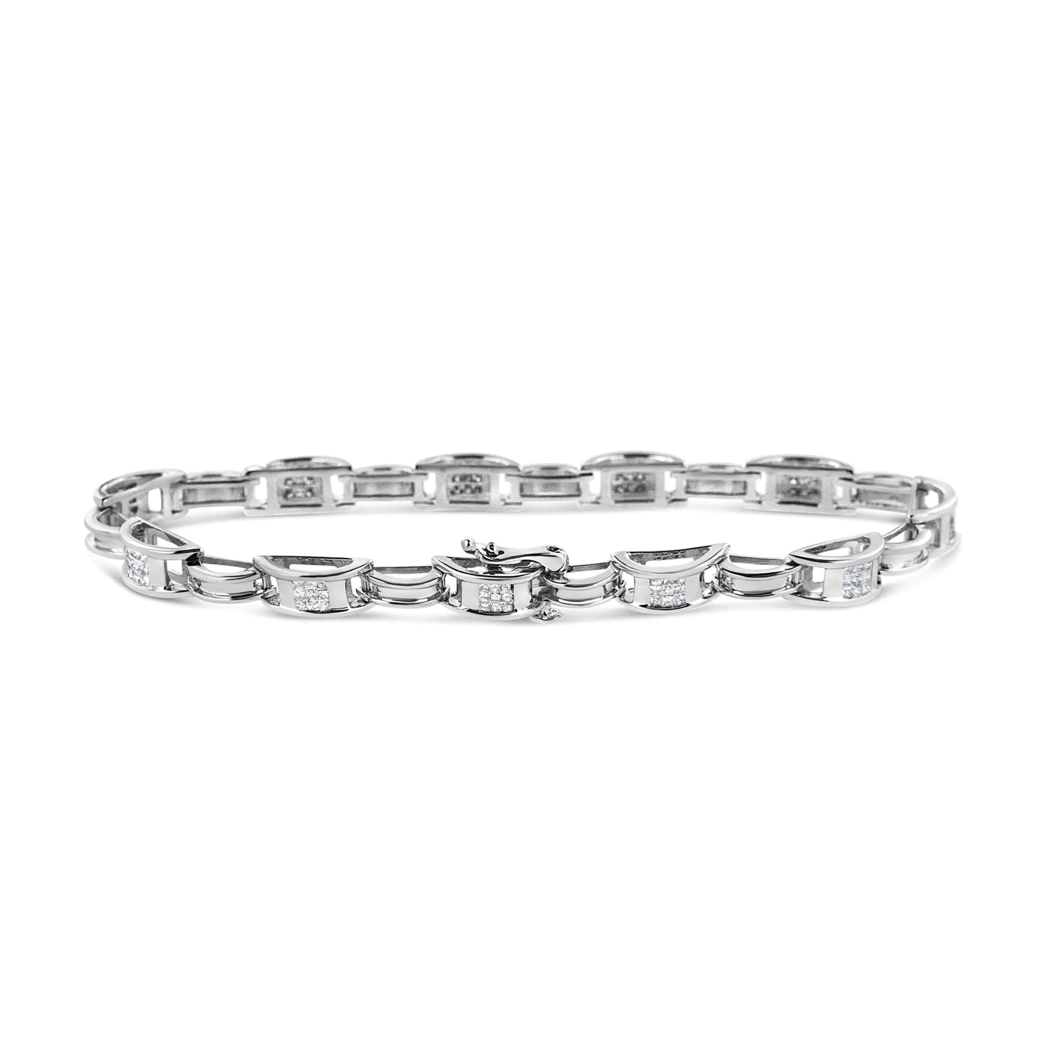 14K White Gold 1.0 Cttw Invisible Set Princess Diamond Alternating Link Tennis Bracelet (I-J Color, I1-I2 Clarity) - 7.25&quot;