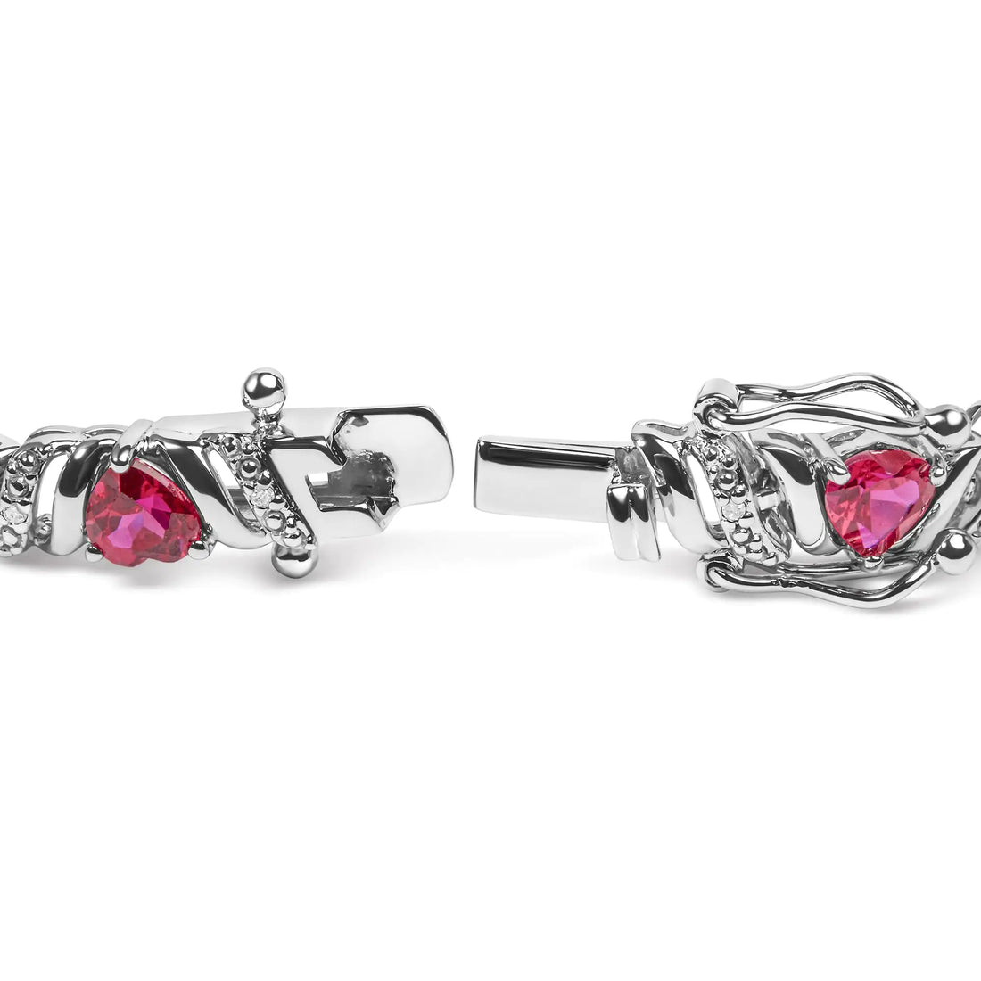 .925 Sterling Silver Created Heart Shape Red Ruby and White Diamond Accent Link Bracelet (I-J Color, I3 Clarity)- 7.25&quot; Inches