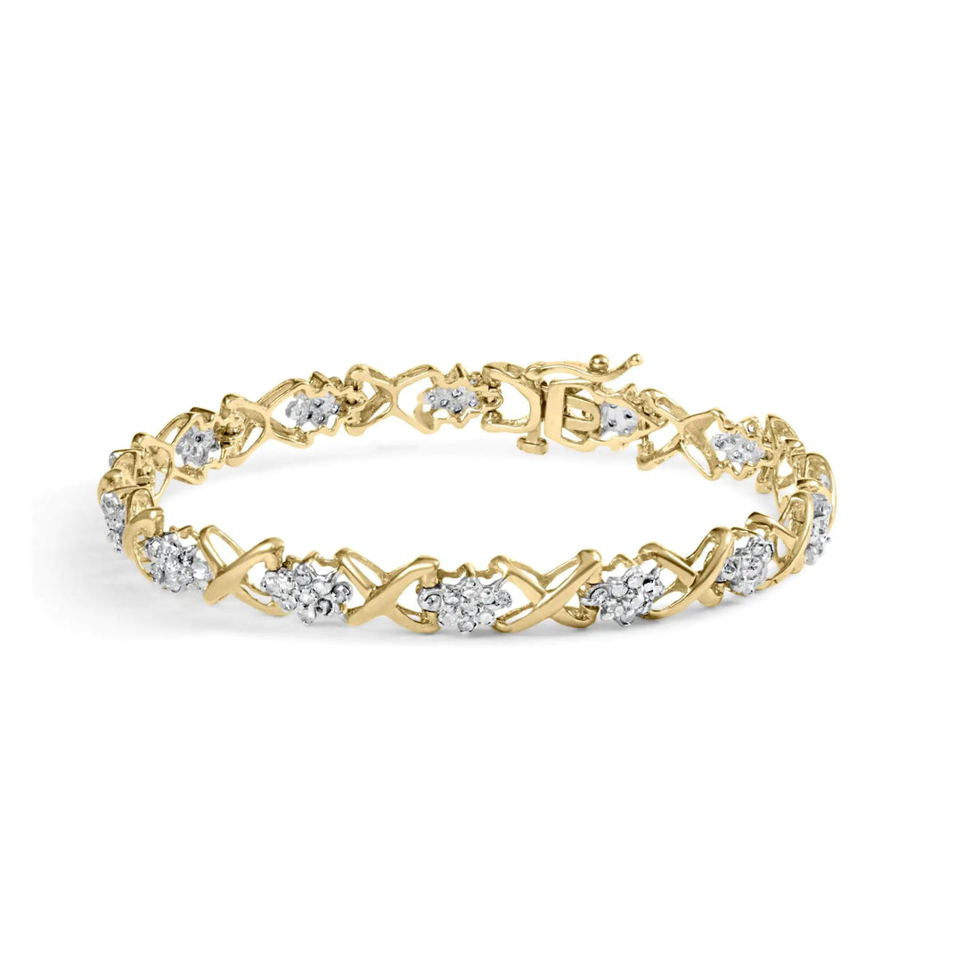 10k Yellow Gold 2.00 Cttw Diamond Cluster and Alternating &quot;X&quot; Link Bracelet (I-J Color, I3 Clarity) - 7&quot;