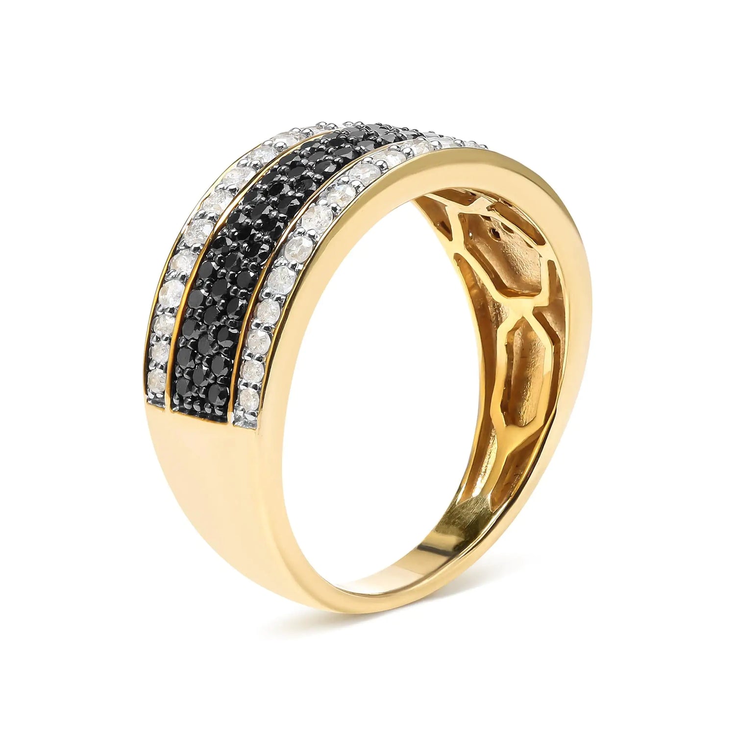 14K Yellow Gold Plated .925 Sterling Silver 1 1/4 Cttw White and Black Treated Diamond Multi Row Band (Black/I-J Color, I2-I3 Clarity)