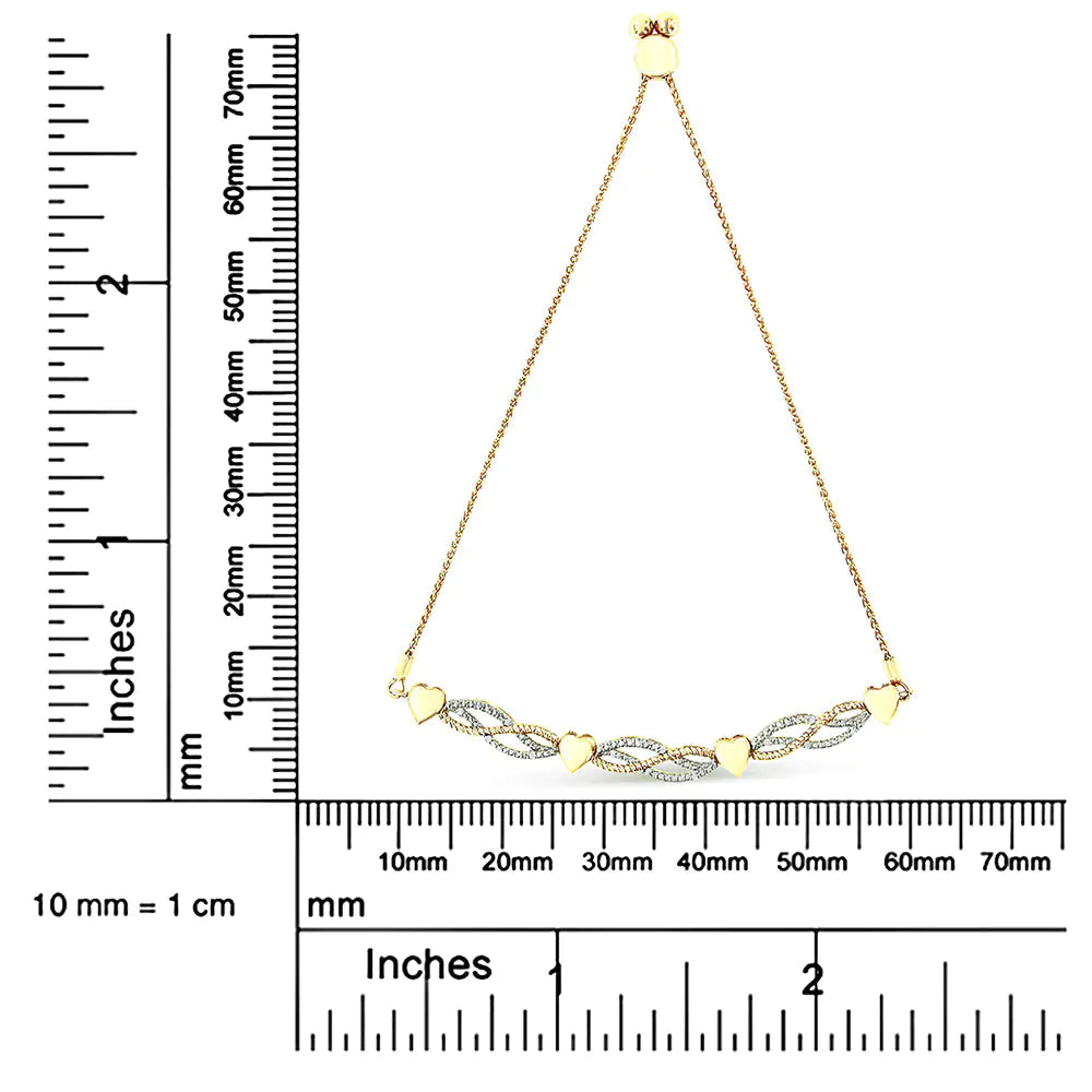 14K Yellow Gold Plated .925 Sterling Silver 1/10 Cttw Diamond Wave and Hearts Bolo Bracelet (I-J Color, I2-I3 Clarity) - 4&quot;-10&quot; Adjustable