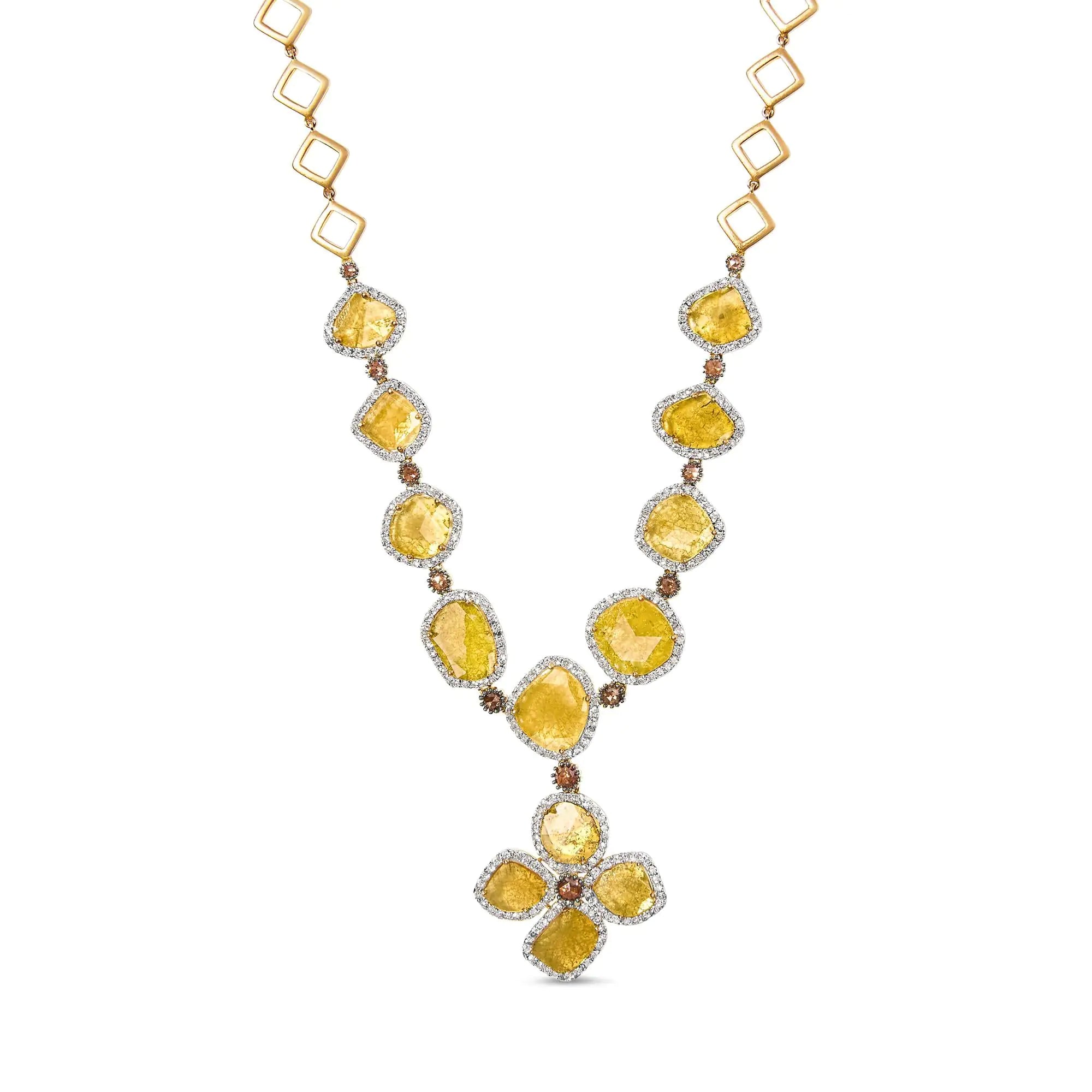 14K Yellow Gold 16 7/8 Cttw Fancy Yellow Rose Cut Diamond 16&quot; Collar Necklace with 4 Leaf Clover Drop (Fancy Yellow/I-J Color, I1-I2 Clarity)