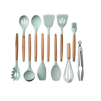 12-Piece Silicone Kitchen Utensil Set with Wooden Handles